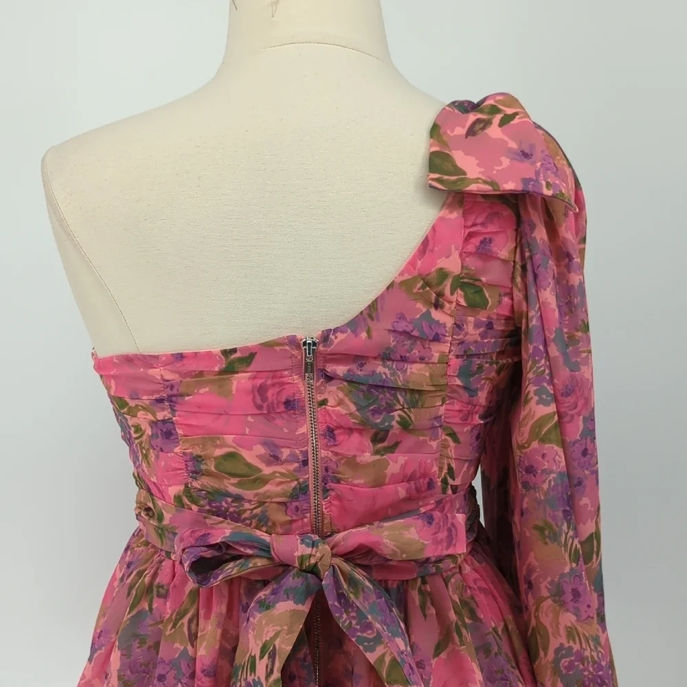 For Love & Lemon Floral One Shoulder Mini Dress Pink 1X party cocktail 80s 90s - Picture 4 of 11